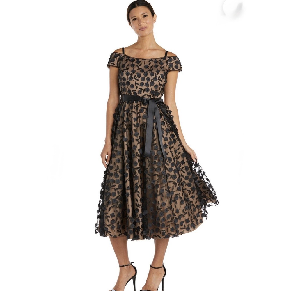 R&M Richards Off Shoulder Tea Length Dress Women's Petite 6 3D Floral Details